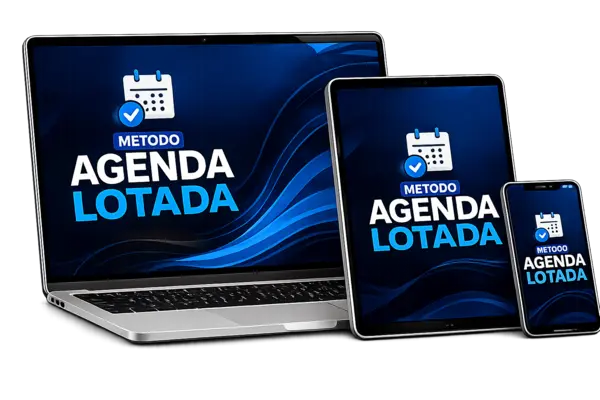 Arte promocional do Método Agenda Lotada, focado em marketing e captação de clientes para profissionais de limpeza de estofados.